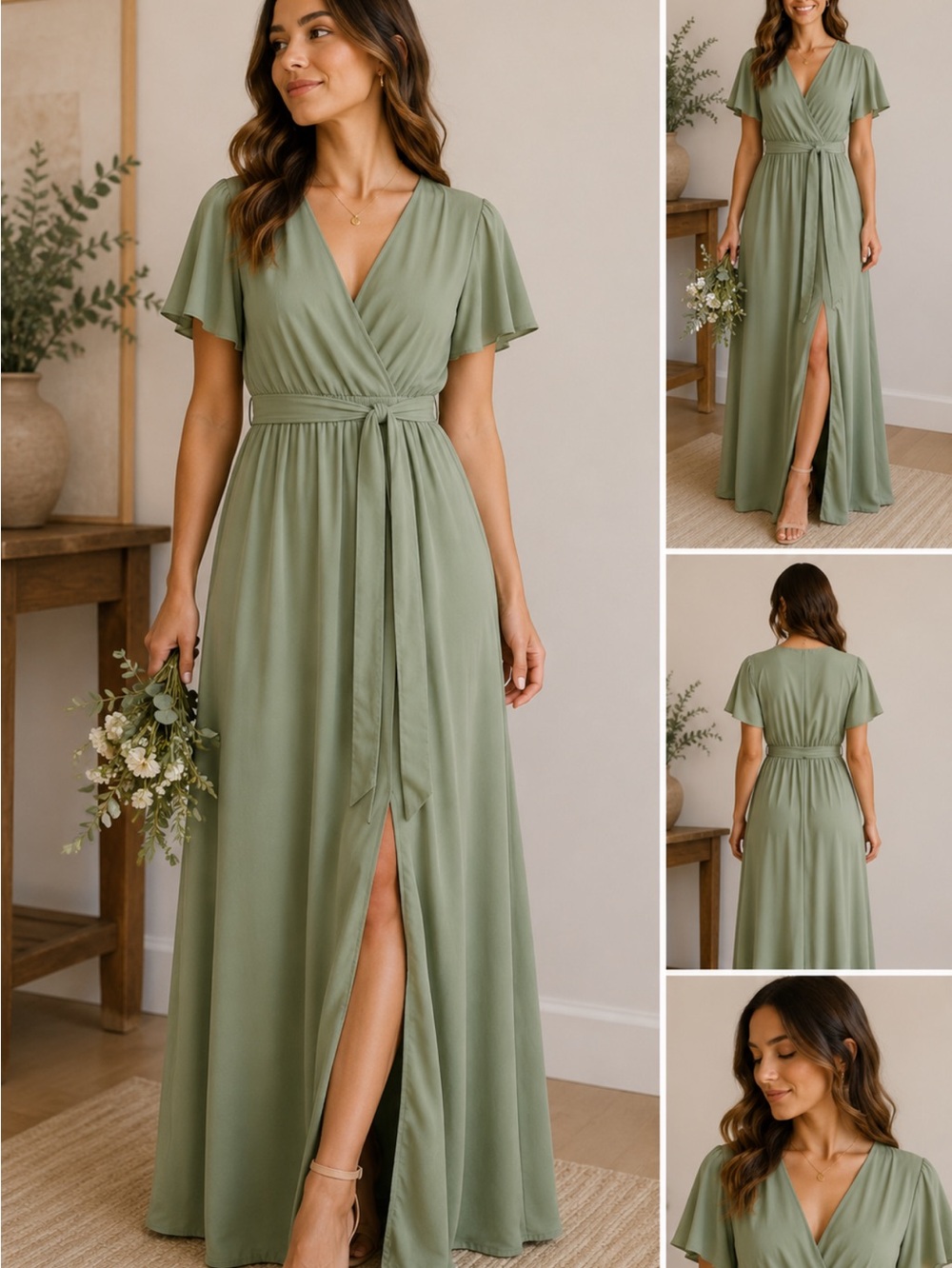 Baltic born sage  Green Maxi Dress front slits size small bridesmaids